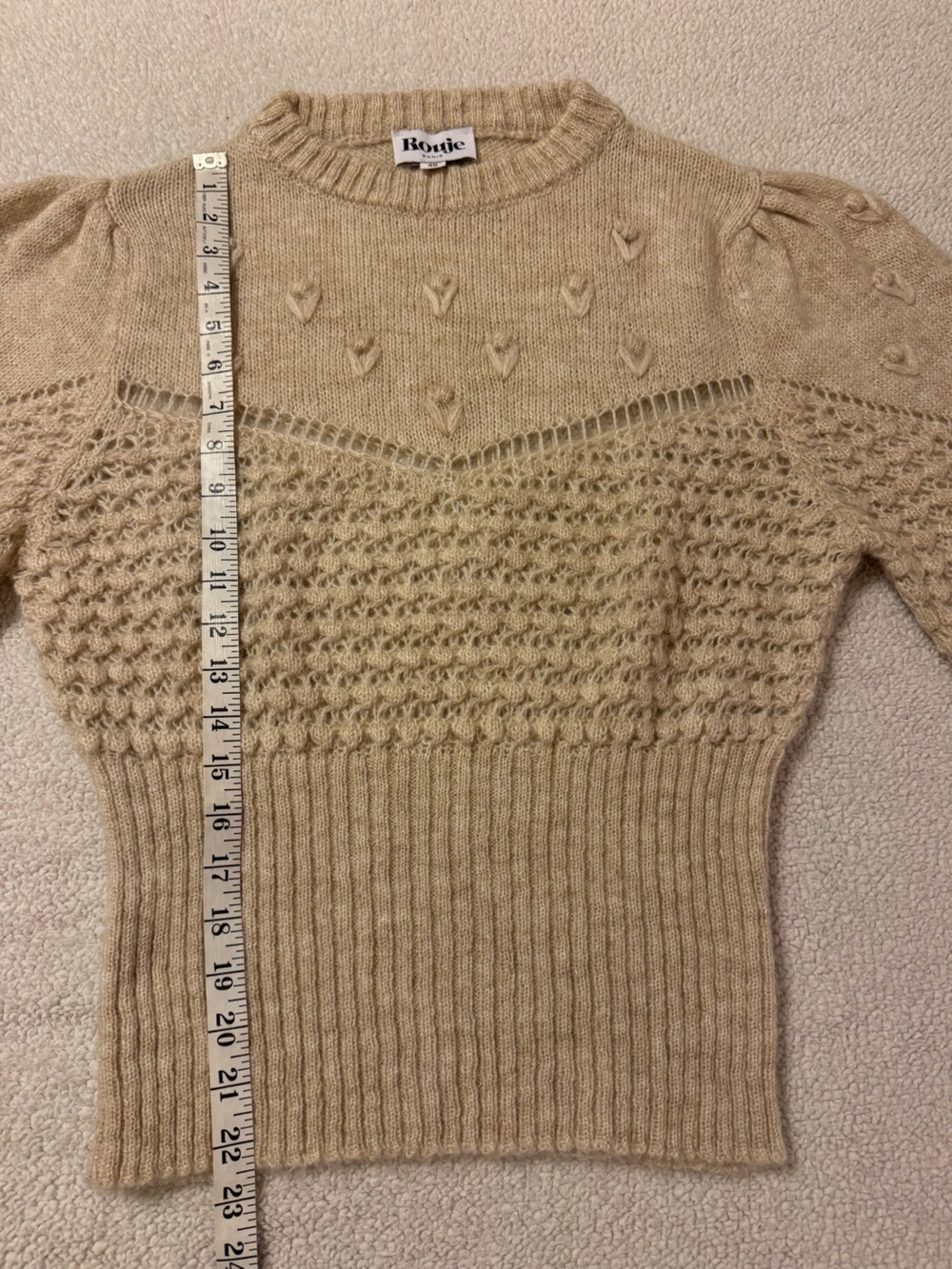 ROUJE Paris Sylvie Knit Jumper Sweater Cream Beige Oatmeal Pointelle Puff Sleeve - Picture 7 of 11